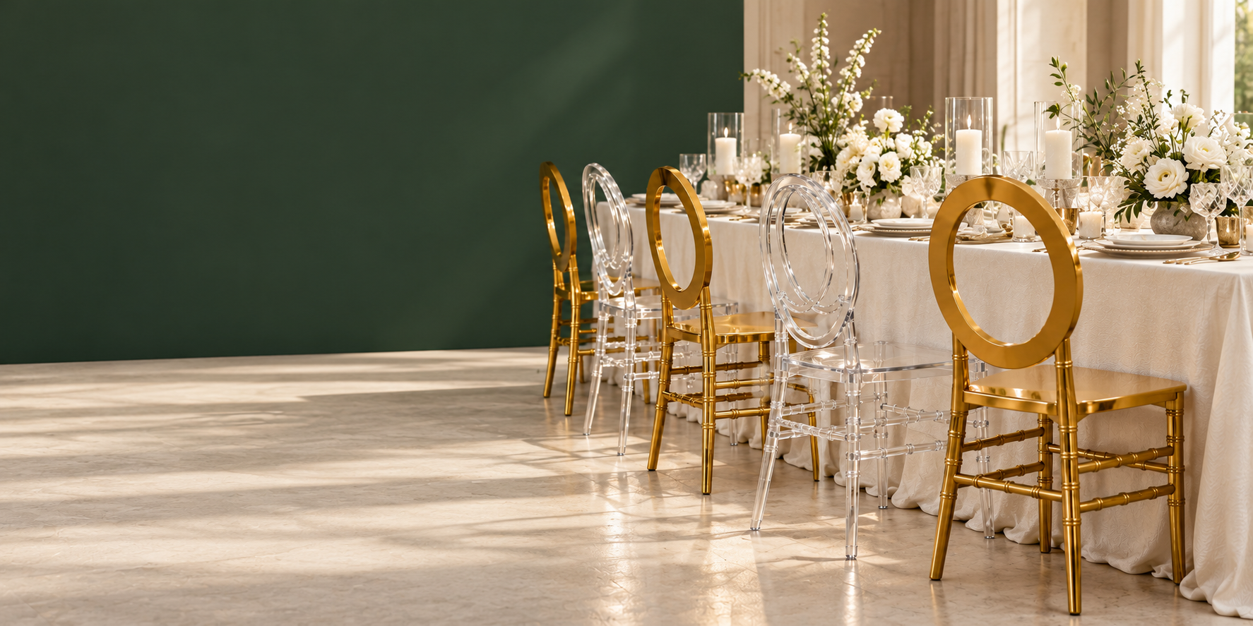 Cadeiras de festa douradas e transparentes em uma recepção elegante